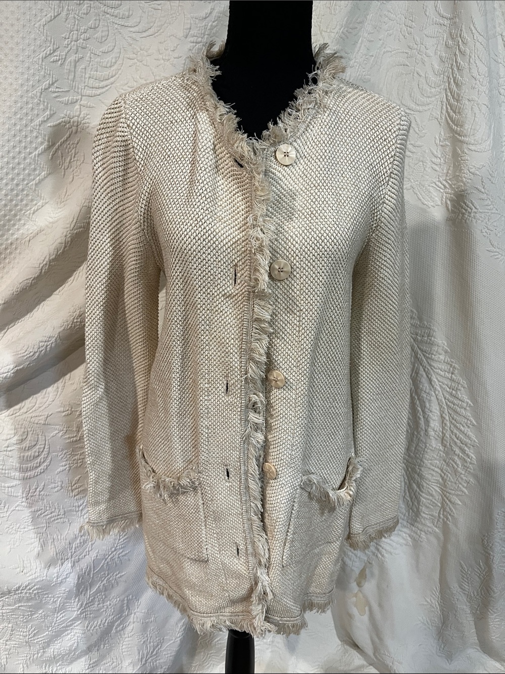 J McLaughlin Fringed Open-Weave Cream Cardigan, size extra small